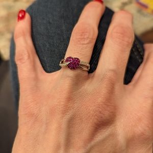 10kt white gold heart ring with diamonds and lab-made rubies